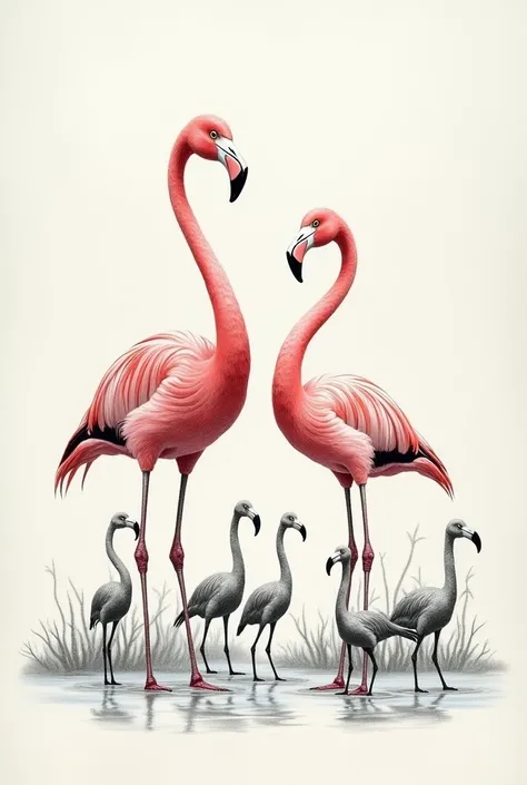 Small gray flamingos and larger pink flamingos realistic drawing 