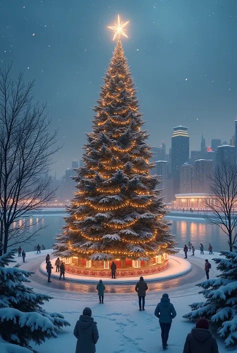 (((giant Xmas tree in the middle of an ice lake ))) it is snowing, the xmas tree completelly decorated, people around the lake, illuminated city
