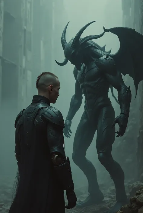  full photo of a buzzcut hair man with a small, not so long hair braid on the back head, Handed cyborg ,  wearing an ironman uniform , standing next to him facing the horned demon, winged and tailed ,  hyperealistic and detailed , masterpiece,  Impressioni...