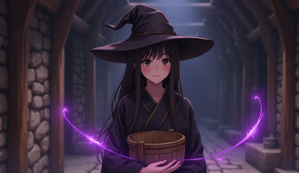 8k、 high school girl、 mature、smile、 dark brown robe、Three-cornered hat、 medieval Europe with wooden basket、 Another World、Inside the dungeon、Purple Magic Rim、 romantic、Mysterious、Anime 2D Style、Lo-Fi、LoFi、アニメ調Illustration、Illustration