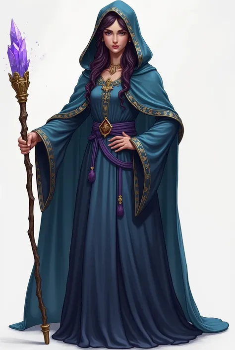 level 2 (Initial upgrades ):
 • A little more elaborate clothing ,  with shades of blue or purple .
 • Longer cover ,  with subtle embroidery details .
 • The wand now with a crystal at the tip ,  symbolizing the increase in power .
 • Small ornaments ,  s...