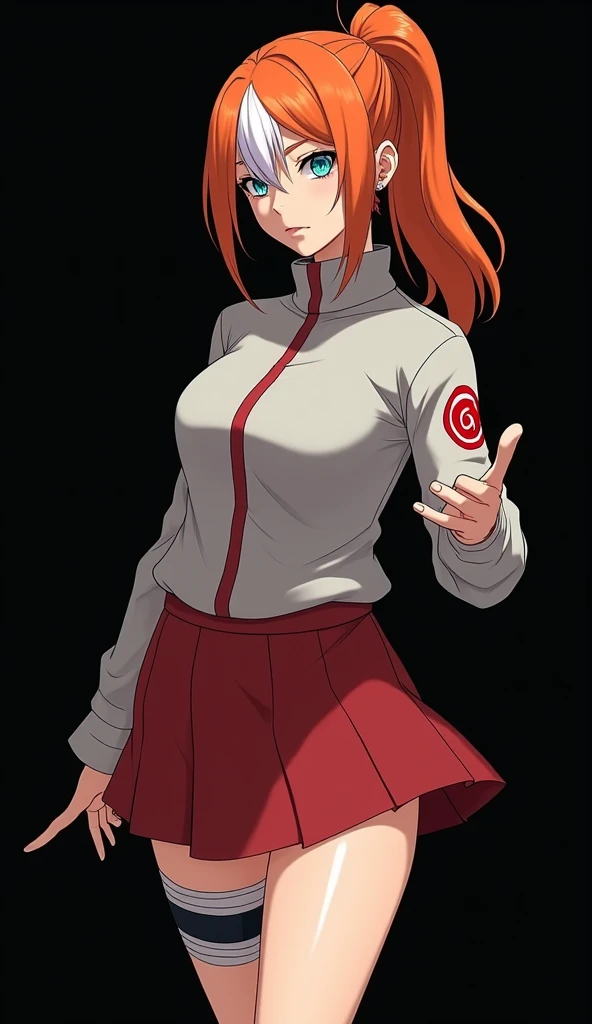 Character created by Masashi Kishimoto 8K girl with a slender and beautiful full-bodied fair skin with fiery orange hair and very smooth with two white locks highlighted on the front similar to those of Rogue from the X-Men hair tied in a ponytail light bl...