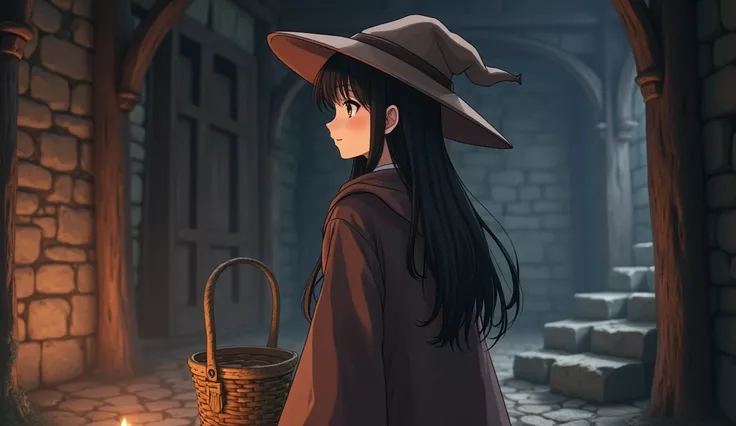 8k、 high school girl、 mature、smile、 dark brown robe、Three-cornered hat、 medieval Europe with wooden basket、 Another World、Inside the dungeon、 Magical Rim、 romantic、Mysterious、Anime 2D Style、Lo-Fi、LoFi、アニメ調Illustration、Illustration