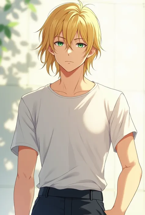  high quality ,nephorus with blond hair, with green eyes,Shoulder-length hair,man, with a slim figure , Anime style 