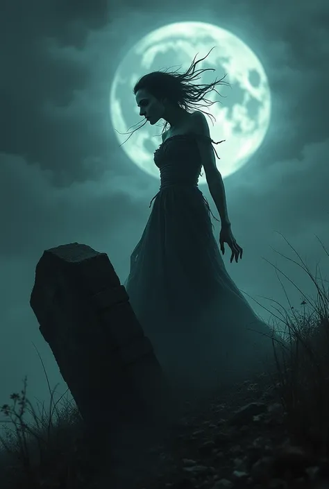 ((night)) (moonlight) BREAK ((1woman) bride of Frankenstein, (very pale eyes), angular face, deathly pale skin, scraggly dark hair, tall) BREAK zombie, dressed in rags, BREAK rising out of her grave on a windswept hilltop, masterpiece, dramatic lighting, d...