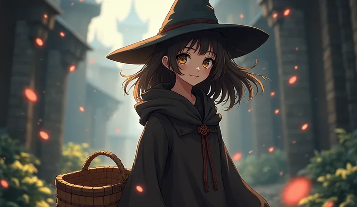 8k、 high school girl、 mature、smile、 dark brown robe、Three-cornered hat、 medieval Europe with wooden basket、 Another World、adventure、dungeons、 Magical Rim、 romantic、Mysterious、Anime 2D Style、Lo-Fi、LoFi、アニメ調Illustration、Illustration