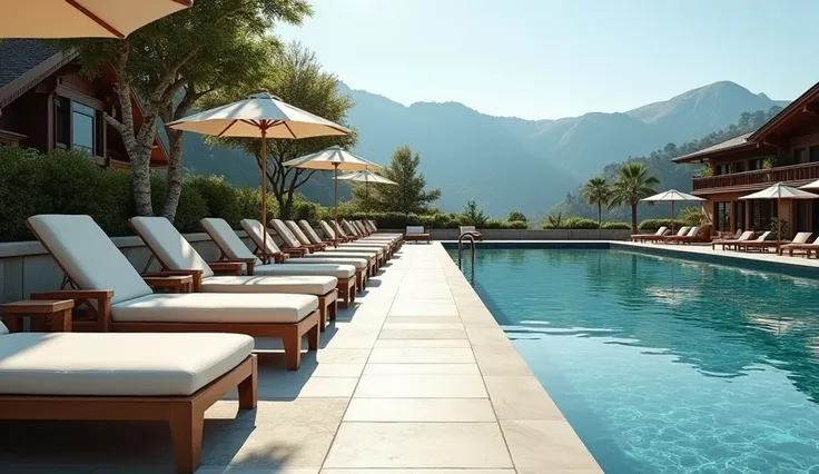 A swimming pool on the right, beautiful and elegant chalet chairs, an empty place for walking. Beach chairs are elegant, but a cartoon walking path is free of humans. A large swimming pool is like a chalet and a walkway in the middle for walking. Chairs on...