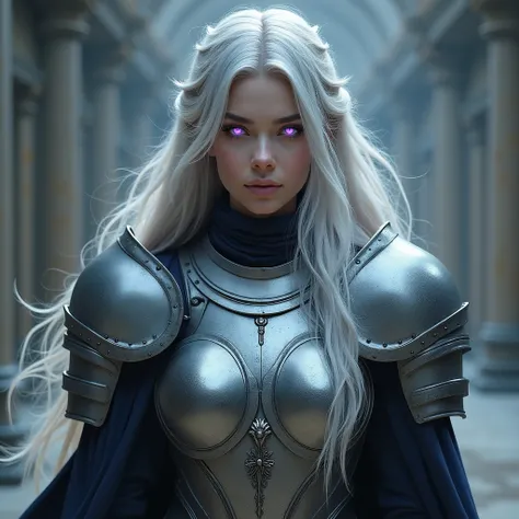 A beautiful woman,  Bright purple eyes , long greyish white hair ,  medium dark shiny silver medieval plate armor