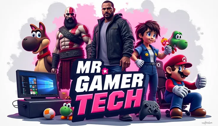 Animated design that says MR GAMER TECH with Kratos , mario, yoshi, GTA V,  shock,    a Nintendo Switch   , PC Gamer, silla gamer,   and PS5 controller   .    Color Palette: gray, white, PURPLE AND FUCHSIA  .    Be sure to include elements representative o...