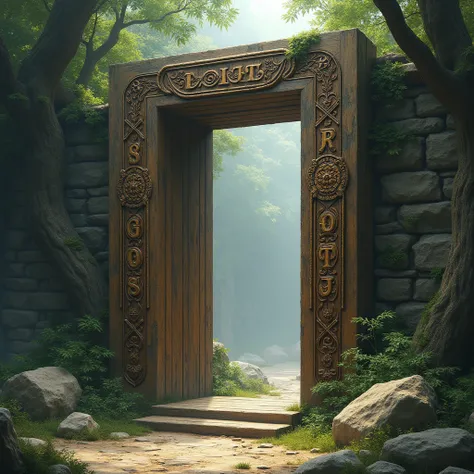  open wooden portal without doors with engraved letters, rectangular shape  