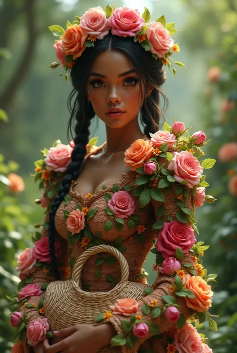 Dark skinned girl in her 20’s with Dark brown Pigtails. A green dress. Carrying a Straw basket. Make her look a little older, can she also be wearing a Garland made of an assortment of flowers. Put her in a Full Suit of armor made entirely of Flowers, wiel...