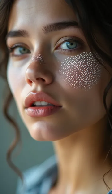 A close-up of a stunning young woman’s face with subtle, non-glowing white cell-like patterns artistically spread across her skin. The texture appears natural yet surreal, blending seamlessly with her features. The background is softly blurred, keeping the...