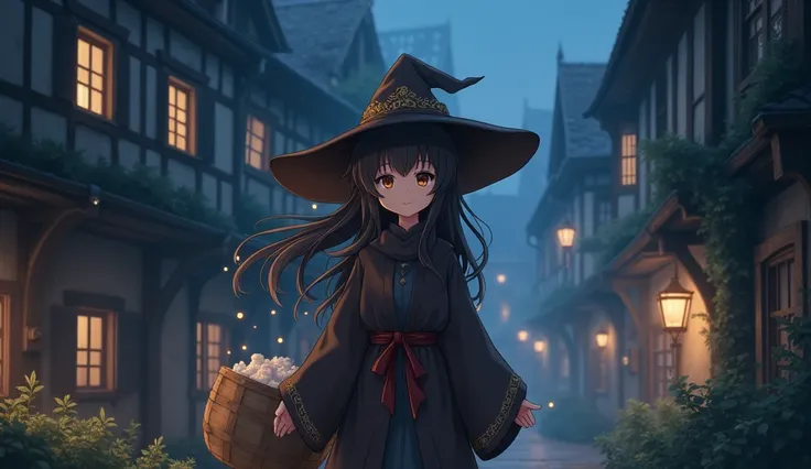 8k、 high school girl、 mature、smile、 dark brown robe、Three-cornered hat、 medieval Europe with wooden basket、 Another World、adventure、dungeons、 Magical Rim、 romantic、Mysterious、night、Anime 2D Style、Lo-Fi、LoFi、アニメ調Illustration、Illustration