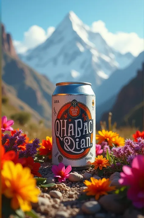 Beer can with the name QHAPAC ÑAN  ,  WITH A BACKGROUND OF ANDEAN FLOWERS AND THE PERUVIAN ANDES