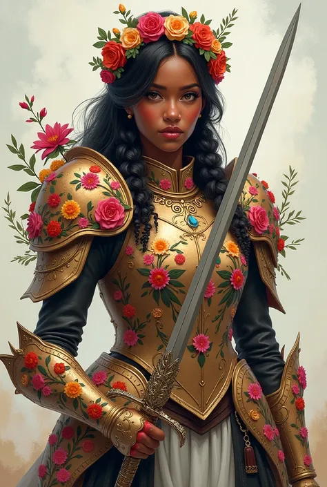 Dark skinned girl in her 20’s with Dark brown Pigtails. Make her look a little older, can she also be wearing a Garland made of an assortment of flowers. Put her in a Full Suit of armor made entirely of Flowers, wielding a Flower Rapier.