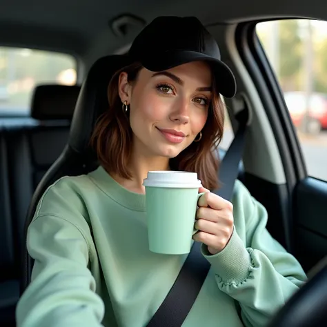 beautiful woman about, you can see slight wrinkles on the body and face natural dark brown hair perfect female body, perfect female body, big breasts  She is sitting in the drivers seat of a car, holding a cup of coffee in her hand, held to her face, she h...