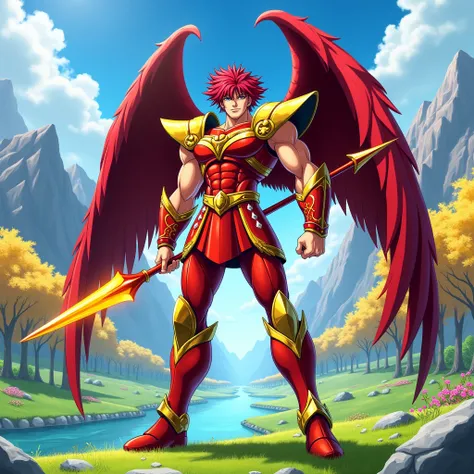 Ares,  The God of War ,  appears with striking features in the anime Saint Seiya ,  radiating an aura of power and destruction .  He wears intense red armor ,  adorned with gold and white symbols that shine as if engraved with divine fire .  The armor comp...