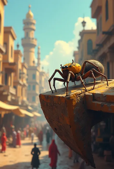 Create an image of a small spider and a backhoe ,in a bustling Arab city