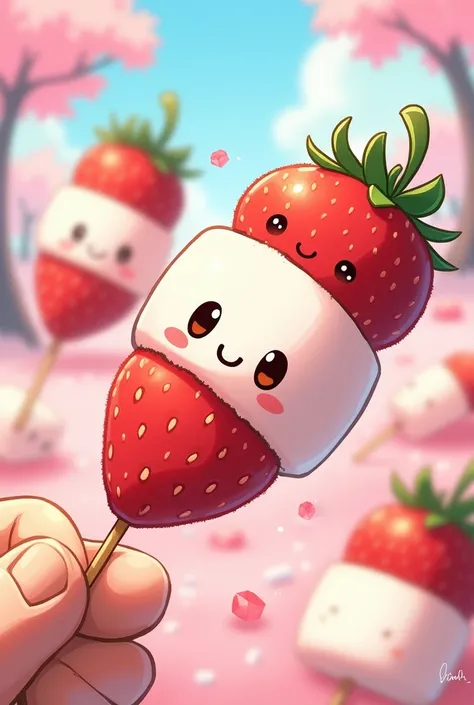 Strawberry and marshmallow in a cabob (anime) (cartoony)