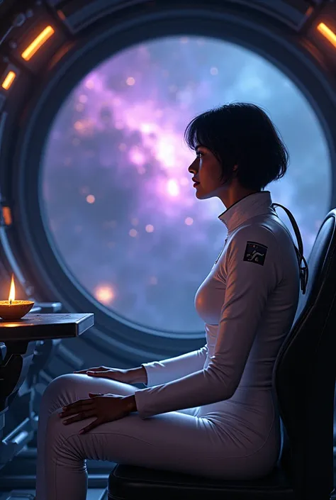 Mira, aged 28, with short black hair, is dressed in a sleek white space suit. She sits in the cockpit, her gaze fixed on the nebula outside, shimmering with purple and blue energy. The cabin is dimly lit, and a small diya is placed near her console, adding...