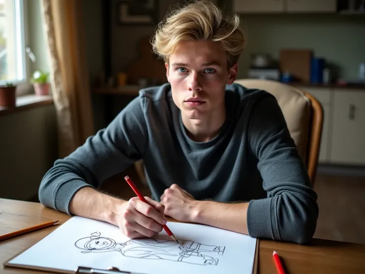 Young man of 24 years,  sitting on a chair, casual clothes, in your house,  goosebumps blond hair and expressive blue eyes, ((Face identical to actor Lucas Till )), drawing on a white Sulfite Sheet,  on a table with clipboard ,  colored pencil on the side ...