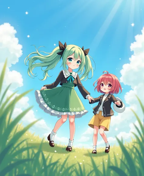 KitasanBlack, loli; SatonoDiamond, loli; fanart; (2girls), outdoors, blue sky, depth in field, multi-color hair, green dress, black jacket, yellow shorts; masterpiece, best quality
