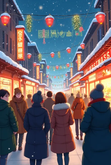 Une image couleur Noël avec ecrit tokyo communauté avec des gens 