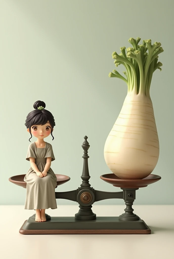 Compare the weight of a (Compare the weight of a Roberval Balance  ,Vintage Scales),  and a cute woman is sitting on the other side of the scale,There is a daikon on one side of the scale 