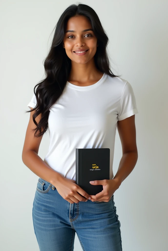 A beautiful Indian healthy big boobs woman, aged 26 years, standing near a solar panel on the roof of a house or carrying a diary with the cover written on " Sun Urja Energy Solution " or us woman in white tishirt and blue jeans wear background should be w...