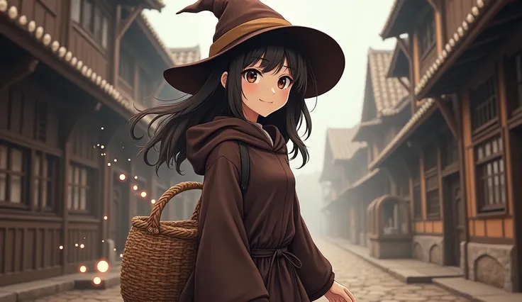 8k、 high school girl、 mature、smile、 dark brown robe、Three-cornered hat、 medieval Europe with wooden basket、 Another World、adventure、 Magic Rim、 romantic、Mysterious、evening、Anime 2D Style、Lo-Fi、LoFi、アニメ調Illustration、Illustration