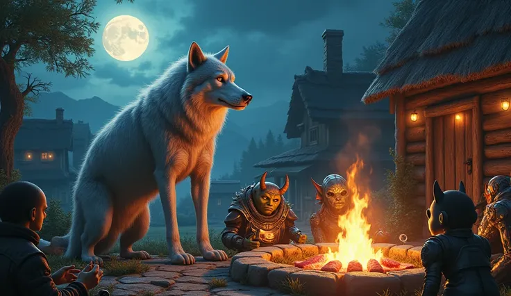 A rustic village , people eating barbecue , a silver werewolf cooks beef on a fire pit,under the moonlight, ultra detailed art,  mystical creatures and cyborgs , Androids,orcs,goblins