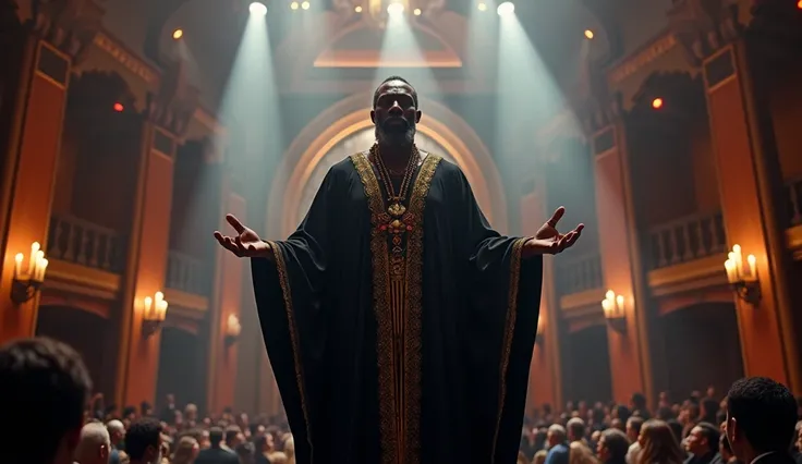 An African priest dressed in black on the set of Got Talent America