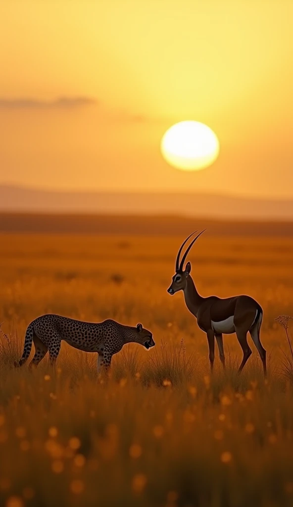 "On a vast savannah under a golden sunset, a sleek cheetah with a spotted coat crouches in the tall grass, ready to pounce. A graceful gazelle with slender legs and curved horns stands nearby, alert and poised to leap. The two creatures seem frozen in a te...