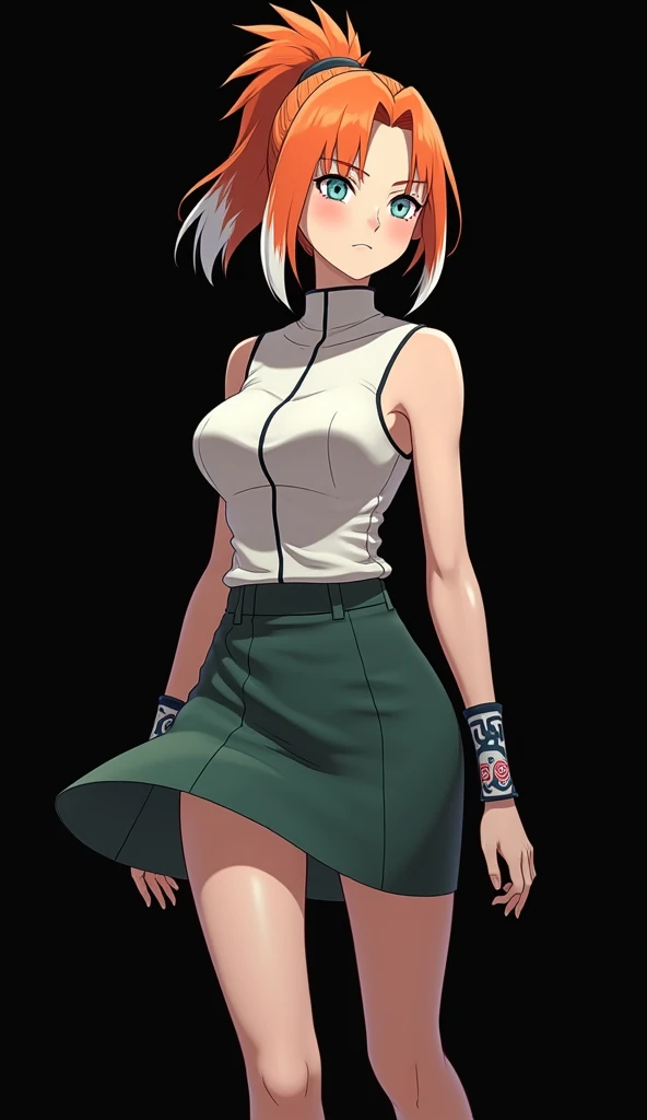 Character created by Masashi Kishimoto 8K girl with a slender and beautiful full-bodied fair skin with fiery orange hair and very smooth with two white locks highlighted on the front similar to those of Rogue from the X-Men hair tied in a ponytail light bl...