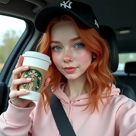 young girl, red-haired woman, blue eyes you can see slight wrinkles on the body and face hair perfect female body, perfect female body, big breasts  She is sitting in the drivers seat of a car, holding a starbucks cup of coffee in her hand, held to her fac...