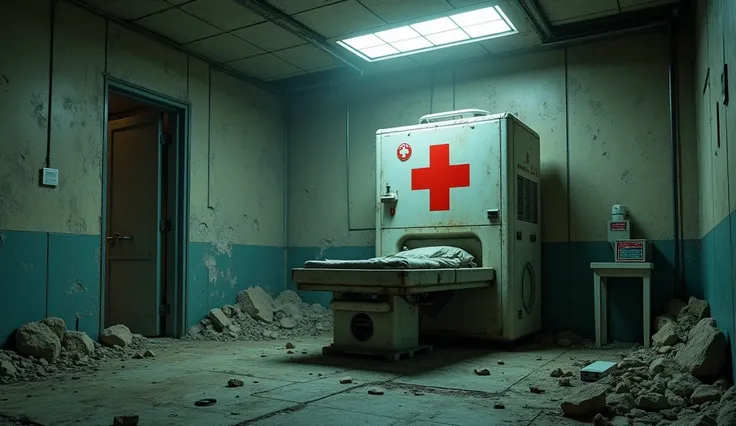 Intérieur post apocalyptique machine médicale hors service croix  rouge médicale, ambiance futur