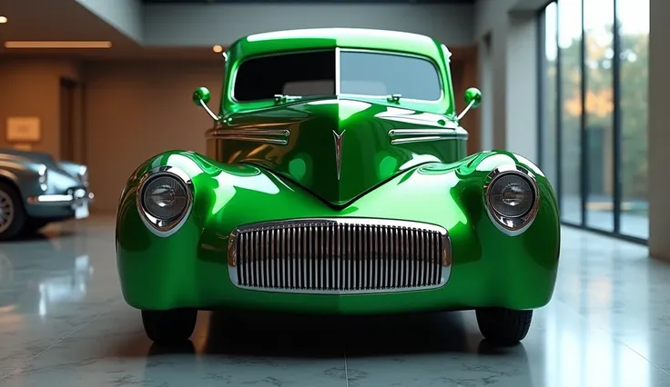 Create an ultra-detailed 3D render, of a modern 1941 willys Ford coupe streat Pontiac grand prix  with a bold design looking long  captured from  straight front face view. The car should feature a green color with a  willys Ford coupe streat 1941 logo on i...