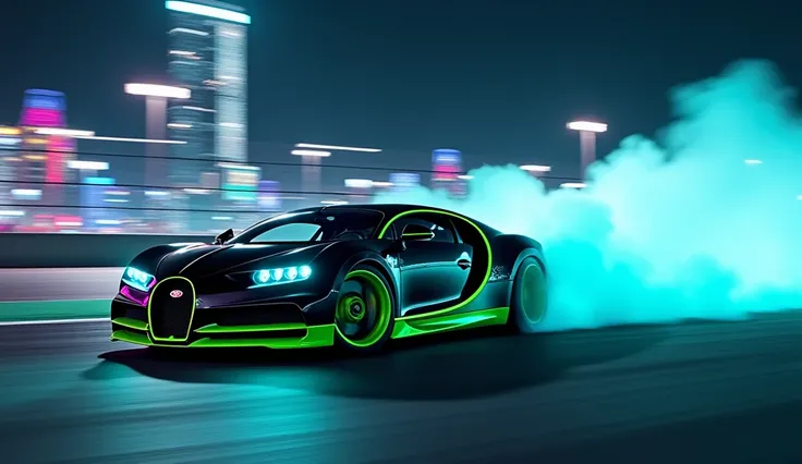 A sleek Bugatti Chiron Super Sport 300+ with striking neon green accents, captured mid-drift on a race track at night. The car is surrounded by thick plumes of smoke billowing from its tires, emphasizing the dynamic motion. The scene is illuminated by vibr...