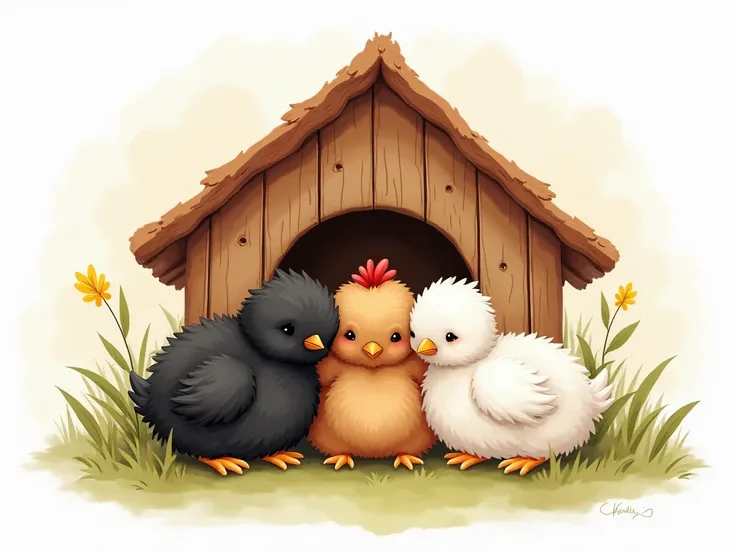  Create a drawn -friendly watercolor picture for ren book

A complete Chicken house with three young cute silk chicken sleeping in the house. A black, brown and white one. The sit in the house.

Cute. cuddle

Background fading out

Not to realistic

Soft p...