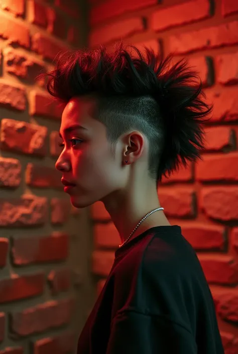 A modern mullet with a textured top against a rustic brick wall, illuminated by warm reddish lighting, focusing on the hairstyle from head to neck.