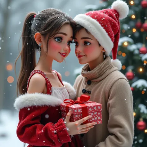 A Charming Princess Wearing Winter Clothes, Red Diamond Earrings And Nackless And Breslate, The Princess Holding Christmas Gift In His Hand Standing With Dear, Background Features Is Outdoor Snowfall. Christmas Tree fully Decorated, Fully Deteling Face, Pa...