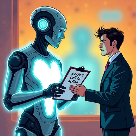 Comic-style  A glowing AI assistant handing a marketer a clipboard labeled "Perfect Call-to-Action."