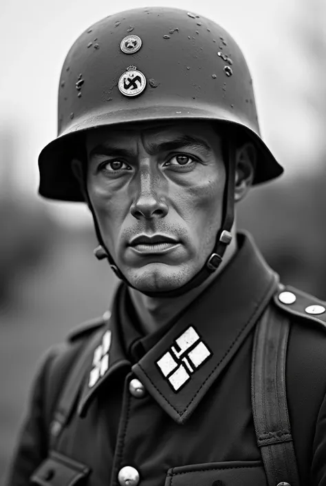 A beautiful old black and white photograph of a German Wehrmacht soldier wearing a German uniform and a German Wehrmacht WWII steel helmet,  historical accuracy , archival document quality,  historical photojournalism effect ,  top quality ,  very realisti...