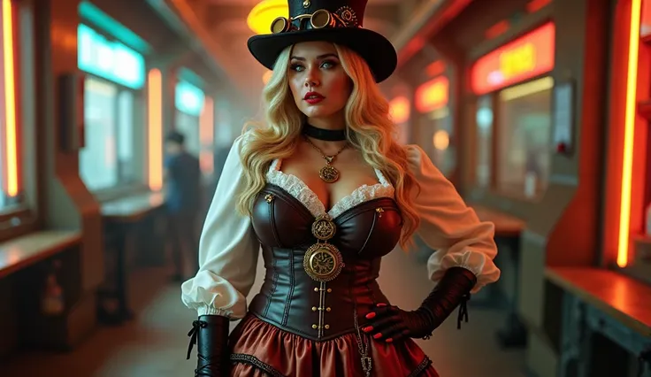 (((half-body))) "A stunningly beautiful woman with huge, round breasts and a plunging neckline, wearing an (((elegant and intricate steampunk outfit, consisting of a dark brown leather corset with brass details and metal rivets, highlighted by decorative b...