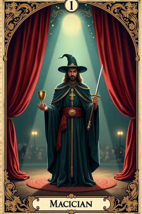  A theatre-themed tarot card , Let the borders be curtains of the same . 
 I want to create the card of the arcane major number 1: The Magician 