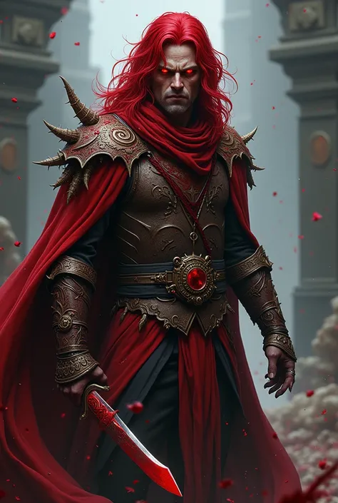 
A crimson-haired man, his face a mask of bloody fervor, wields a wickedly sharp knife. A rogue of legendary skill in the Pathfinder realm, his devotion to sanguinary tenets manifest in his deranged attire and demeanor. He is wearing flayed skin of humans.