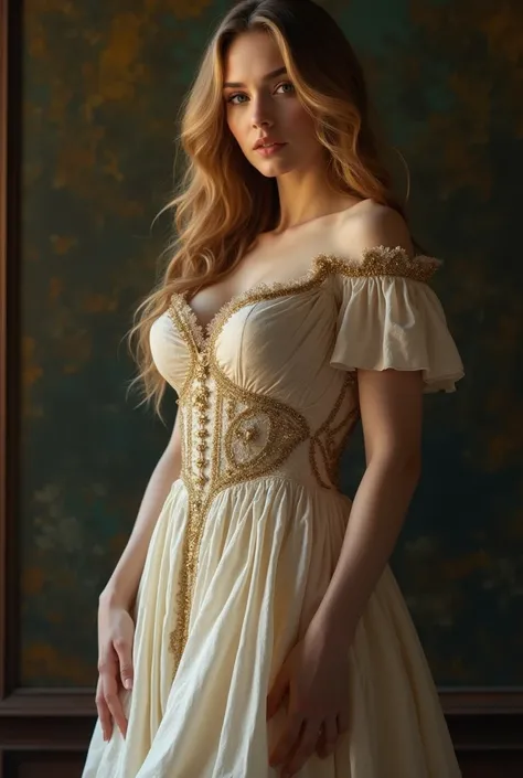 A very beautiful and very attractive thirty-one-year-old woman with white skin, wide and big blue eyes, long deep gold hair, a curvy body and full breasts wearing a long Victorian Rihani dress 