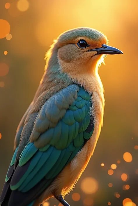  A fascinating close-up of a beautiful little bird,  illuminated by the soft golden light of a peaceful morning, with bright bokeh,  gently framing her elegant shape .