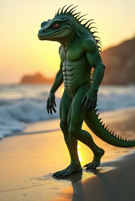 Green man with the mouth of a lizard walking along Nazaré Beach at dusk