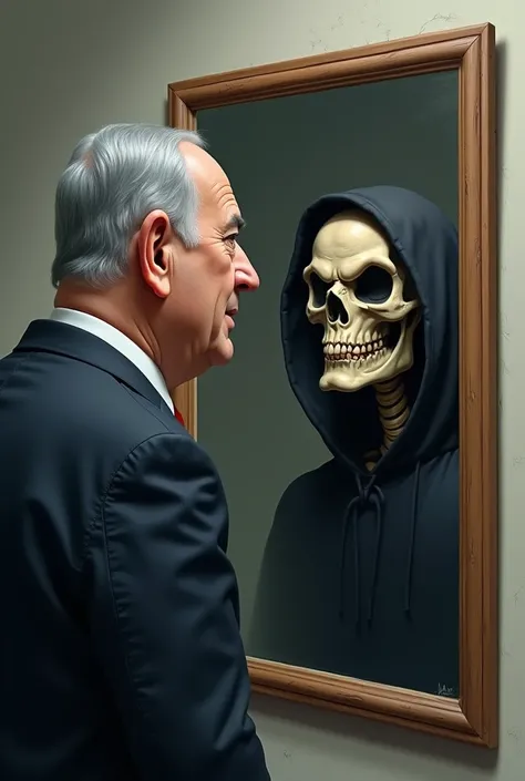 caricature : Netanyahu looks in the mirror ,  and sees a grim reaper in the reflection